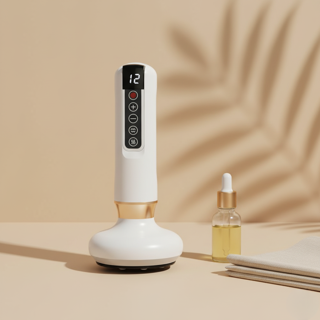 Biały DermaFlow™ z Inicala.pl zaprezentowany na tle cienia liści z olejkiem i złożonym ręcznikiem – gotowy zestaw do relaksującego masażu ciała w domu