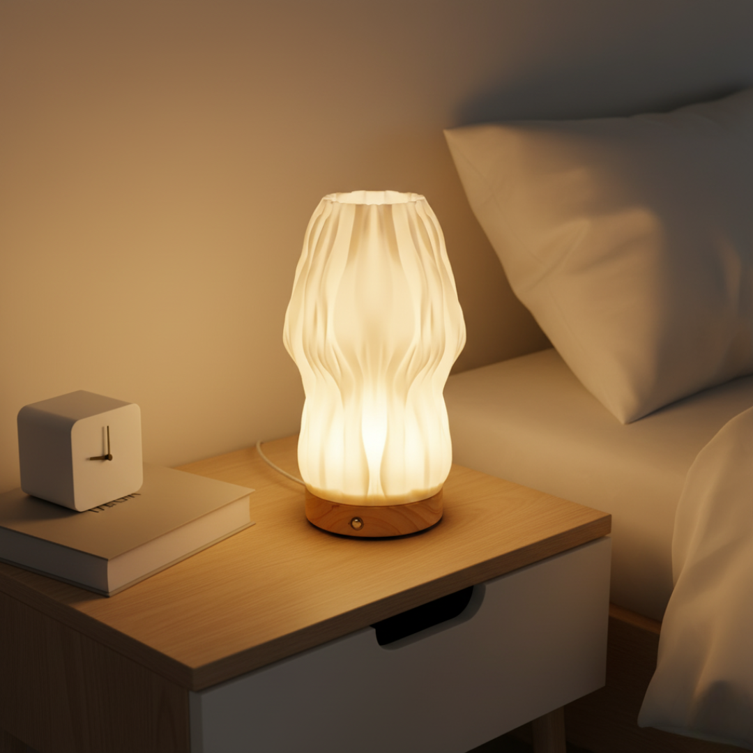 Lampa nocna LumaNest™ z Inicala.pl rozświetla sypialnię ciepłym, rzeźbionym światłem, tworząc spokojną atmosferę przed snem.