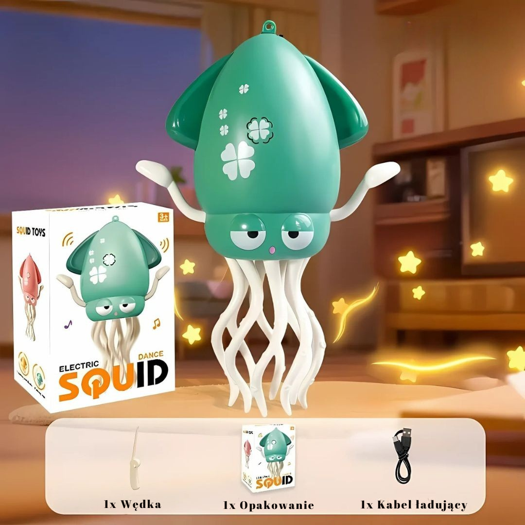 Zielona OctoBeat™ z Inicala.pl prezentowana z pudełkiem, wędką i kablem USB – edukacyjna, świecąca ośmiornica wspierająca rozwój motoryczny i sensoryczny dziecka