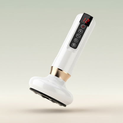 Białe urządzenie DermaFlow™ na jasnozielonym tle, wyeksponowany wyświetlacz i głowica masująca, estetyczna prezentacja masażera z Inicala.pl