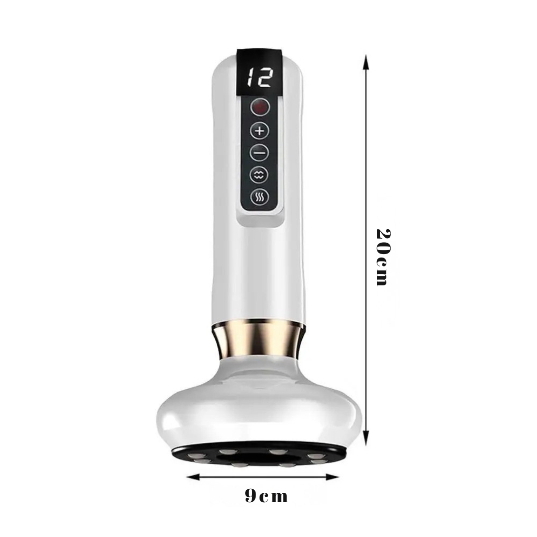 Białe urządzenie DermaFlow™ z zaznaczonymi wymiarami 20 cm wysokości i 9 cm szerokości głowicy, techniczna grafika pokazująca rozmiar masażera z Inicala.pl