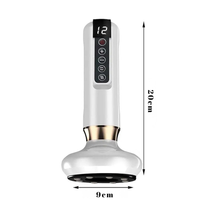 Białe urządzenie DermaFlow™ z zaznaczonymi wymiarami 20 cm wysokości i 9 cm szerokości głowicy, techniczna grafika pokazująca rozmiar masażera z Inicala.pl