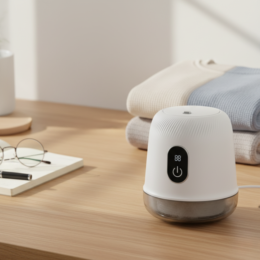 Biały Fuzora™ z Inicala.pl na drewnianym biurku obok okularów i notatnika – nowoczesne urządzenie do usuwania kłaczków i pyłków z tkanin