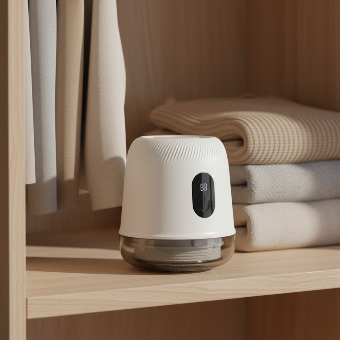 Biały Fuzora™ z Inicala.pl ustawiony w garderobie – skutecznie usuwa kłaczki i dba o miękkość tkanin