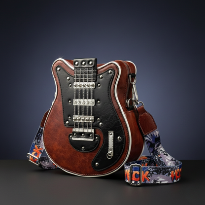 Brązowa Guitarista™ – Torebka Crossbody z czarnym frontem gitary i metalicznymi detalami, na eleganckim studyjnym tle, modny dodatek z Inicala.pl