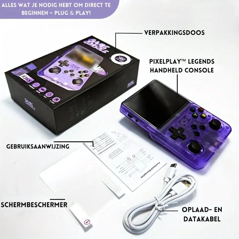 Complete set van de PixelPlay™ Legends draagbare console op Inicala.nl – inclusief verpakking, gebruiksaanwijzing, schermbeschermer en oplaadkabel. Alles wat je nodig hebt om direct te starten met 15.000 retro games.