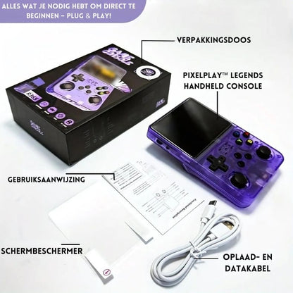 Complete set van de PixelPlay™ Legends draagbare console op Inicala.nl – inclusief verpakking, gebruiksaanwijzing, schermbeschermer en oplaadkabel. Alles wat je nodig hebt om direct te starten met 15.000 retro games.