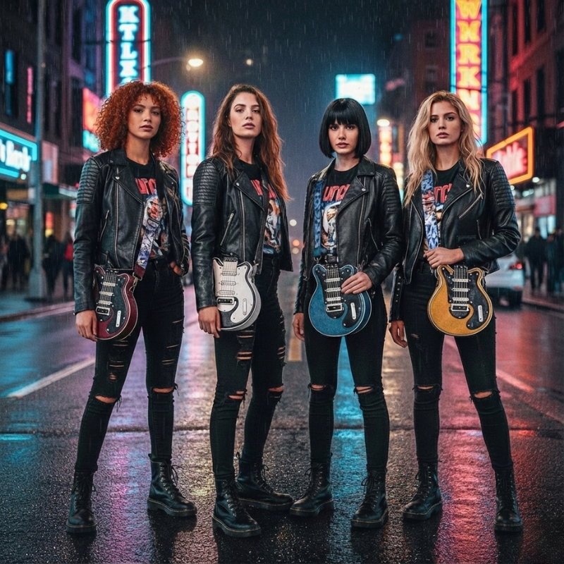 Cztery młode kobiety w skórzanych kurtkach na deszczowej, neonowej ulicy, z torebkami Guitarista™ crossbody w bordowym, białym, niebieskim i musztardowym kolorze, rockowa sesja produktowa Inicala.pl
