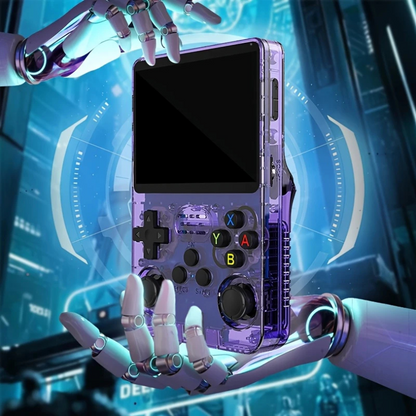 De PixelPlay™ Legends draagbare console van Inicala.nl met afmetingen 13 cm x 8,3 cm wordt futuristisch gepresenteerd – compact formaat, krachtige retro-gaming ervaring voor onderweg.