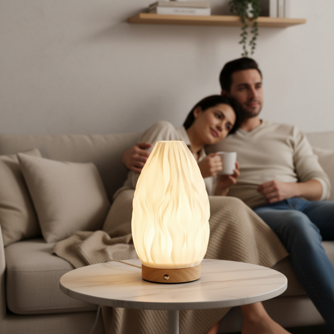 Delikatne światło lampy LumaForma™ z Inicala.pl tworzy romantyczny klimat – para relaksuje się na sofie z filiżankami herbaty.