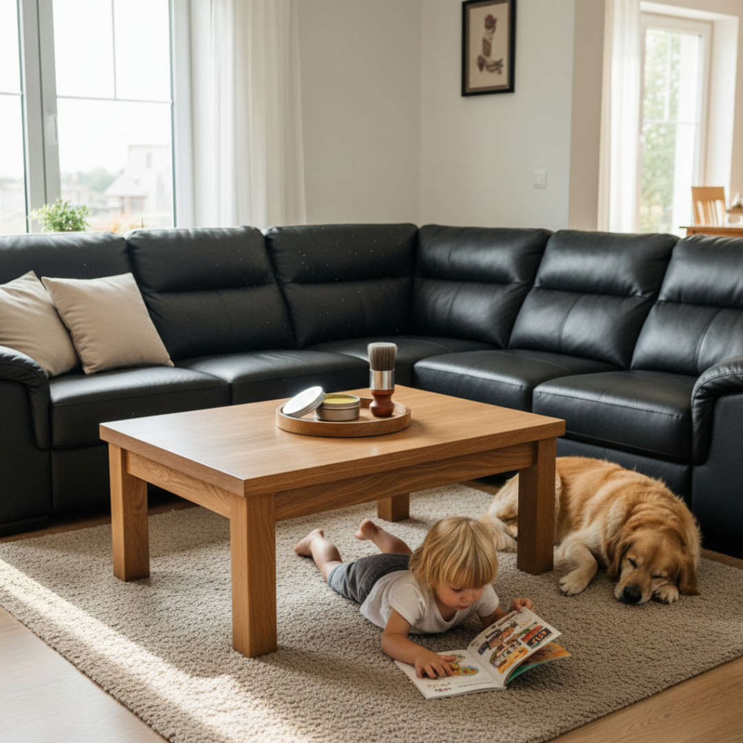 Drewniany stolik z kremem EcoSage™ z Inicala.pl, obok dziecka i psa – bezpieczna pielęgnacja mebli w domu rodzinnym.