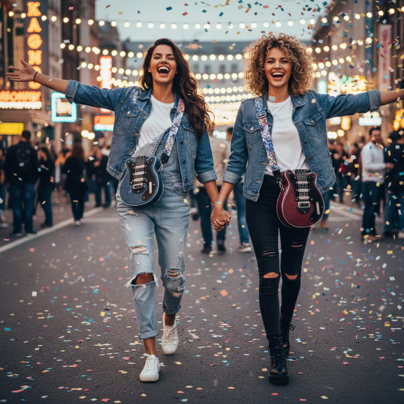 Dwie radosne kobiety tańczące na festiwalu z torebkami Guitarista™ – Torebka Crossbody od Inicala.pl w kształcie gitary.
