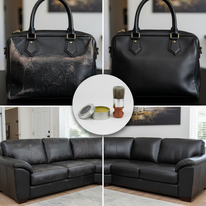 Efekt przed i po użyciu kremu EcoSage™ z Inicala.pl – skórzana torba i sofa odzyskują kolor i miękkość.