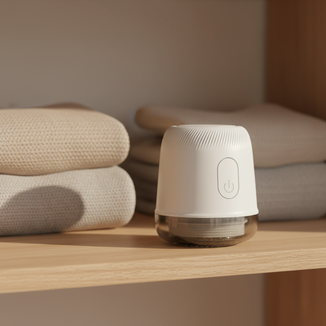 Elegancki Fuzora™ z Inicala.pl na półce między swetrami – stylowe urządzenie do usuwania kłaczków i odświeżania tkanin.