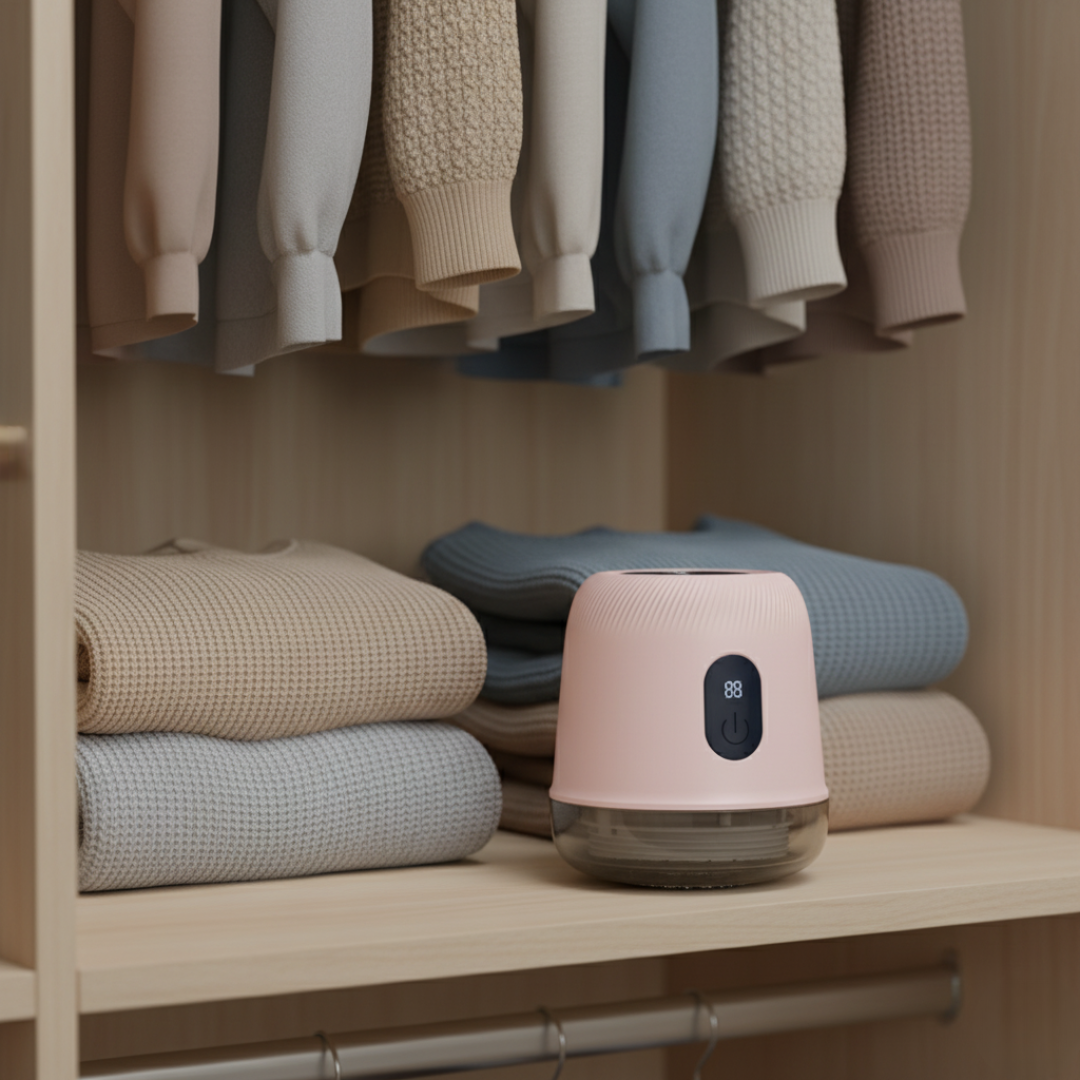 Fuzora™ z Inicala.pl w różowej wersji kolorystycznej, ustawiony w szafie z poskładanymi ubraniami – dbałość o każdy detal garderoby
