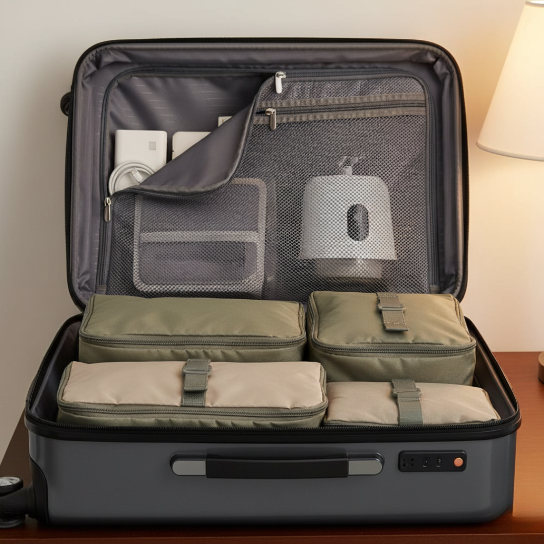 Fuzora™ z Inicala.pl zapakowany w walizce podróżnej – przenośny i idealny do zabrania w podróż.