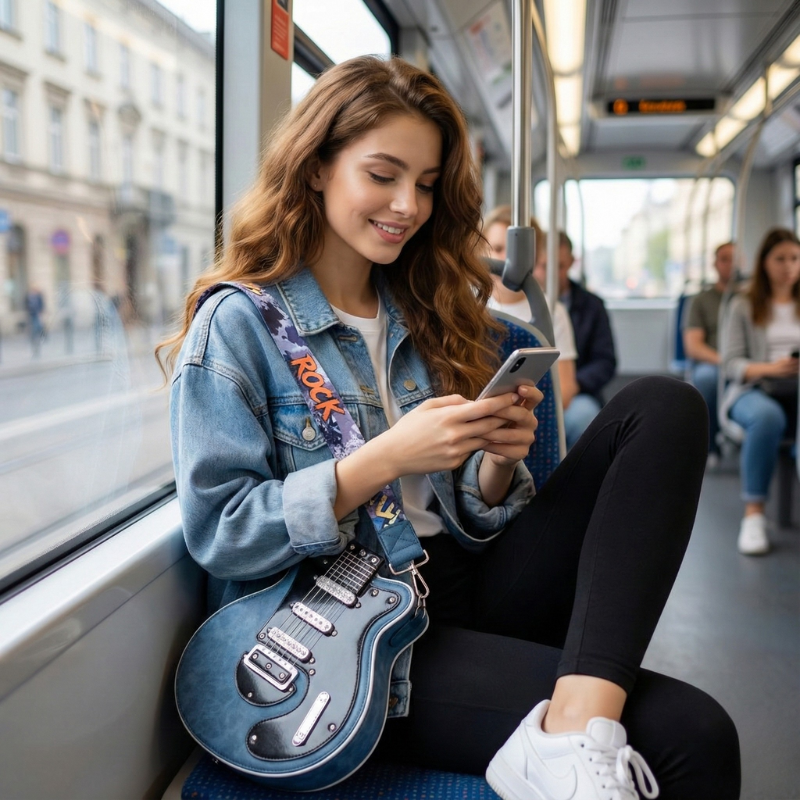Kobieta w dżinsowej kurtce siedzi w tramwaju z niebieską torebką Guitarista™ crossbody na kolanach; wygodny, swobodny look w drodze, produkt z Inicala.pl