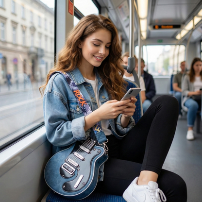 Kobieta w dżinsowej kurtce siedzi w tramwaju z niebieską torebką Guitarista™ crossbody na kolanach; wygodny, swobodny look w drodze, produkt z Inicala.pl
