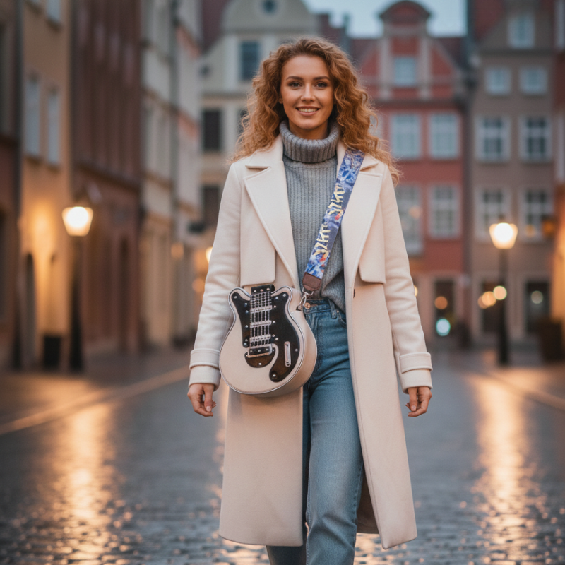 Kobieta w jasnym płaszczu idzie brukowaną ulicą z kremową Guitarista™ – Torebka Crossbody na ramieniu, Inicala.pl – subtelny rockowy akcent do eleganckiej, miejskiej stylizacji