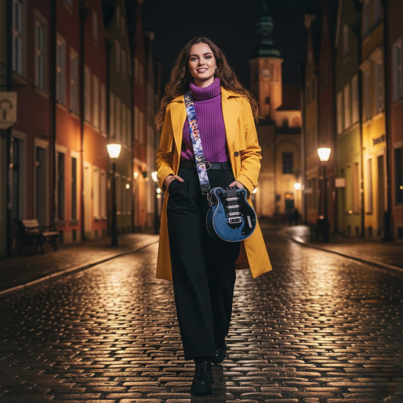 Kobieta w żółtym płaszczu idzie nocą po brukowanej ulicy z granatową gitarową torebką Guitarista™ – Torebka Crossbody na ramieniu, miejski modny look, Inicala.pl