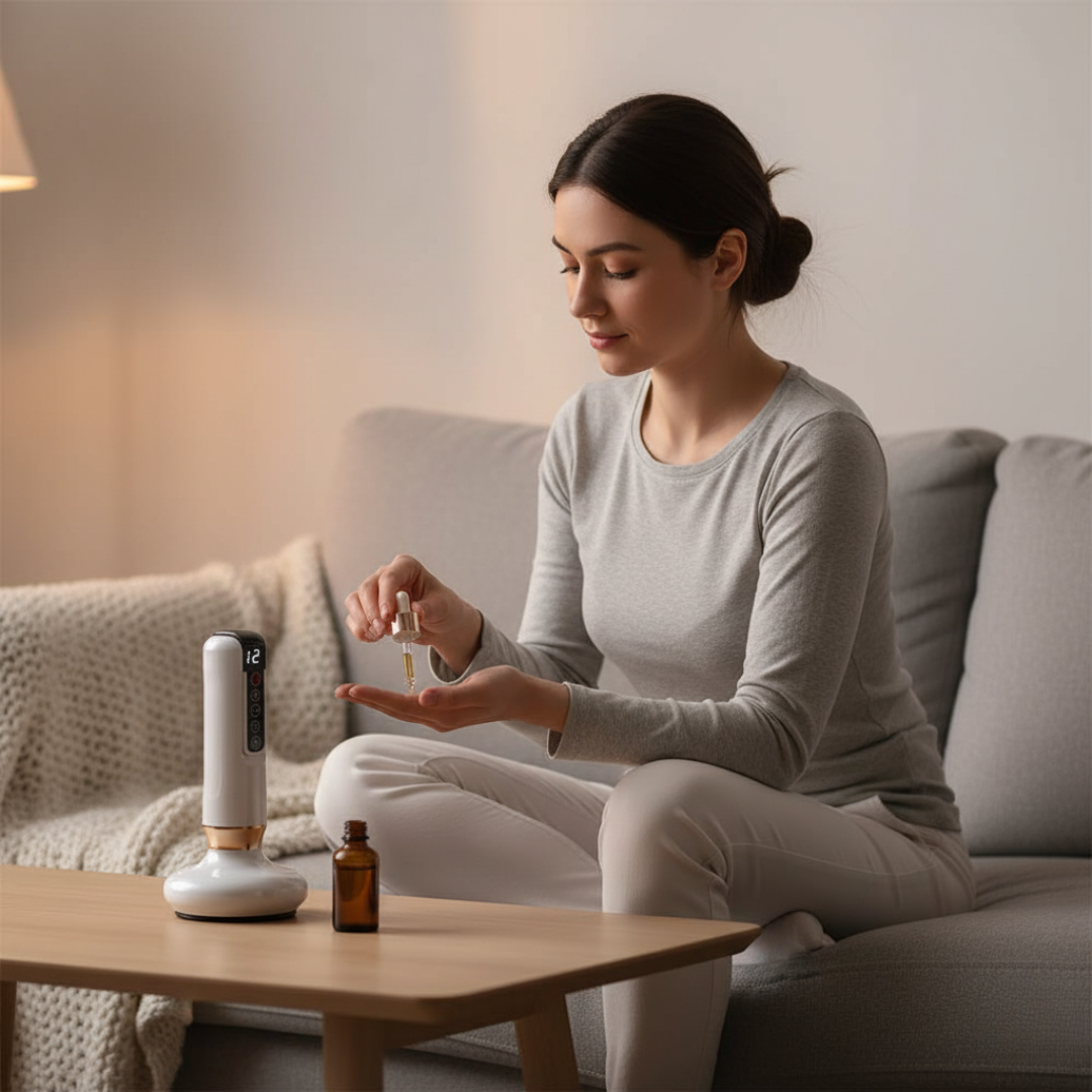 Kobieta na sofie nakłada olejek na dłoń obok stojącego białego DermaFlow™ z Inicala.pl – przygotowanie skóry do domowego masażu wygładzającego