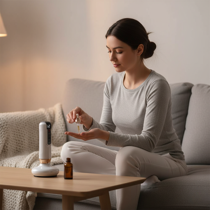 Kobieta na sofie nakłada olejek na dłoń obok stojącego białego DermaFlow™ z Inicala.pl – przygotowanie skóry do domowego masażu wygładzającego