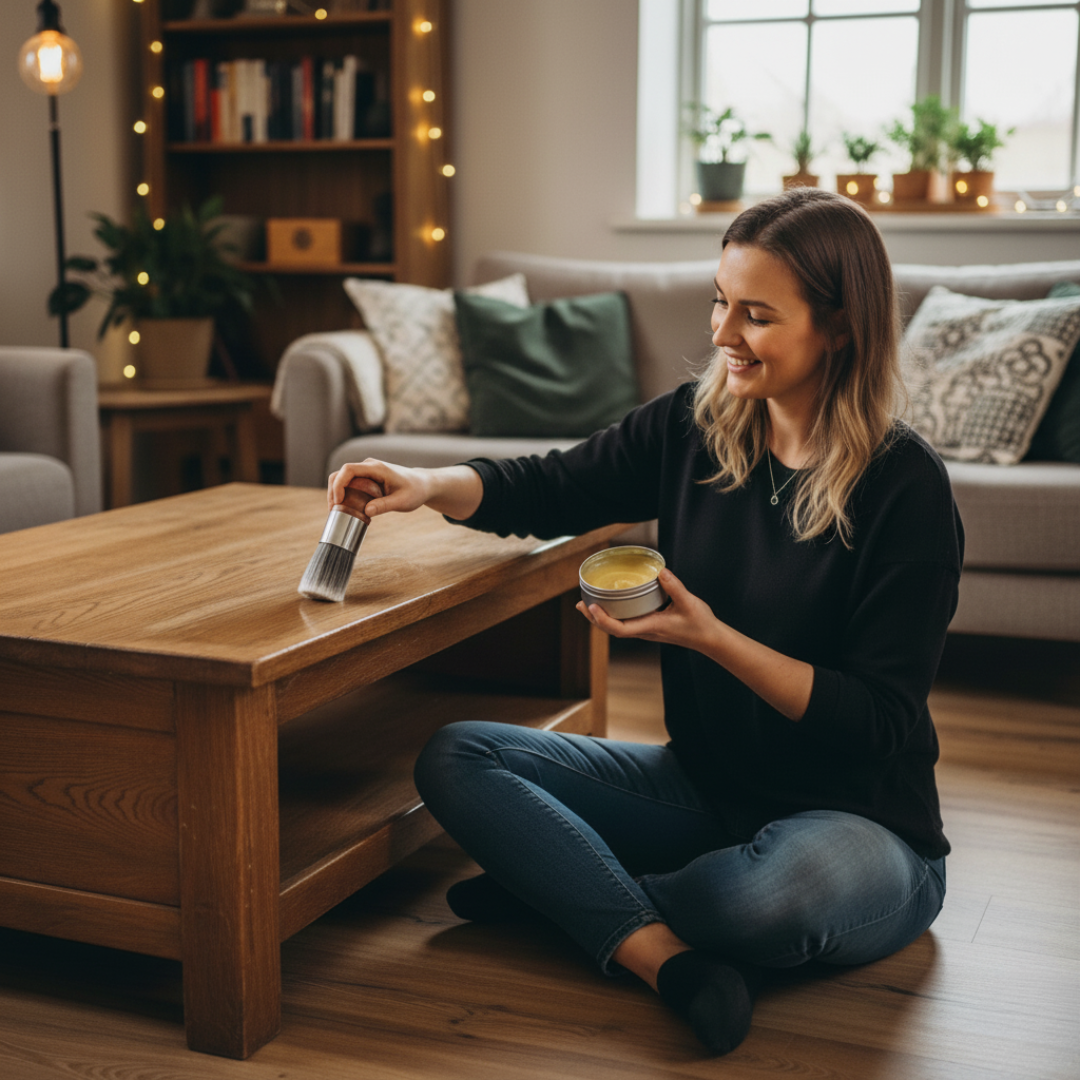 Kobieta używa EcoSage™ z Inicala.pl do czyszczenia drewnianego stołu – naturalna pielęgnacja bez chemii, prosty sposób na blask.