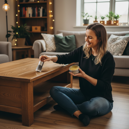 Kobieta używa EcoSage™ z Inicala.pl do czyszczenia drewnianego stołu – naturalna pielęgnacja bez chemii, prosty sposób na blask.