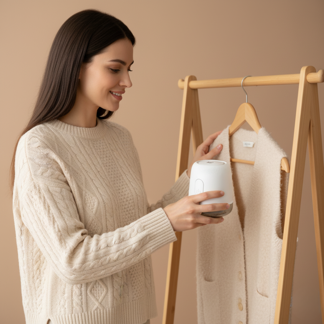 Kobieta używająca Fuzora™ z Inicala.pl do czyszczenia wełnianej kamizelki – elegancki trymer do ubrań, który delikatnie usuwa kłaczki i nadaje tkaninom świeży wygląd