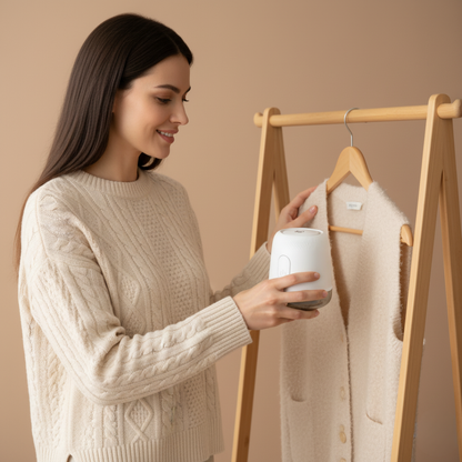 Kobieta używająca Fuzora™ z Inicala.pl do czyszczenia wełnianej kamizelki – elegancki trymer do ubrań, który delikatnie usuwa kłaczki i nadaje tkaninom świeży wygląd