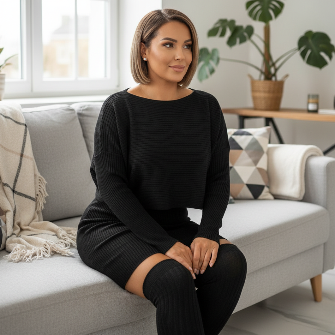 Kobieta w czarnej Kitana™ Femme Luxe Set z Inicala.pl siedzi na sofie – elegancki dzianinowy komplet 2w1 zapewnia wygodę i styl w domowym, francuskim wydaniu