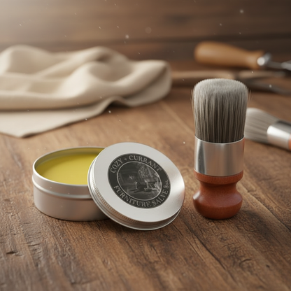 Krem EcoSage™ z Inicala.pl na drewnianym blacie – elegancki zestaw z pędzlem, odżywia drewno i przywraca jego naturalne piękno.