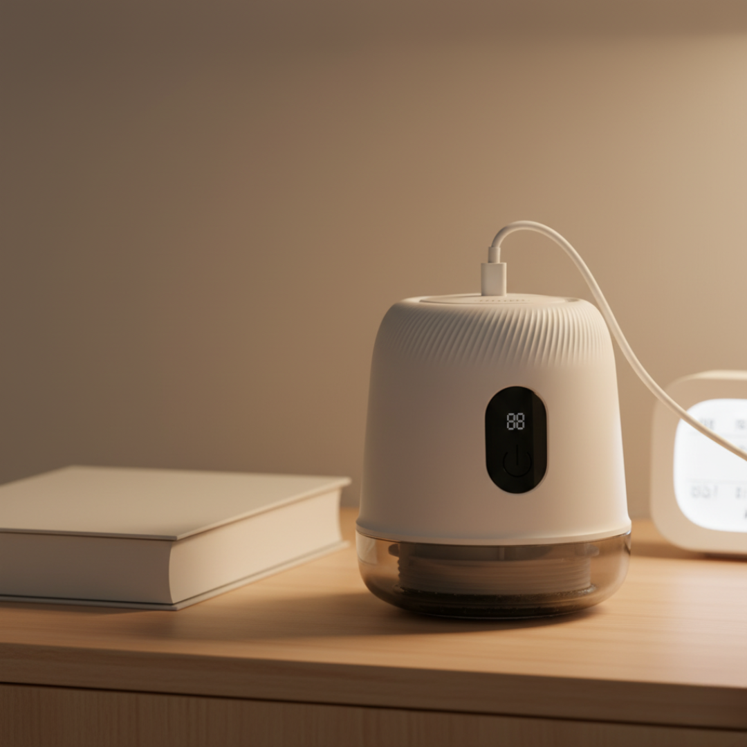 Ładowanie Fuzora™ z Inicala.pl na stoliku nocnym – praktyczny design i wygodne użytkowanie