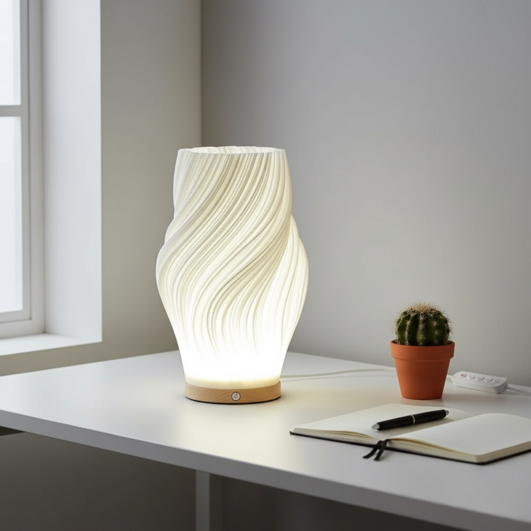 Lampa LumaForma™ z Inicala.pl na biurku – subtelne, białe światło idealne do pracy i koncentracji.