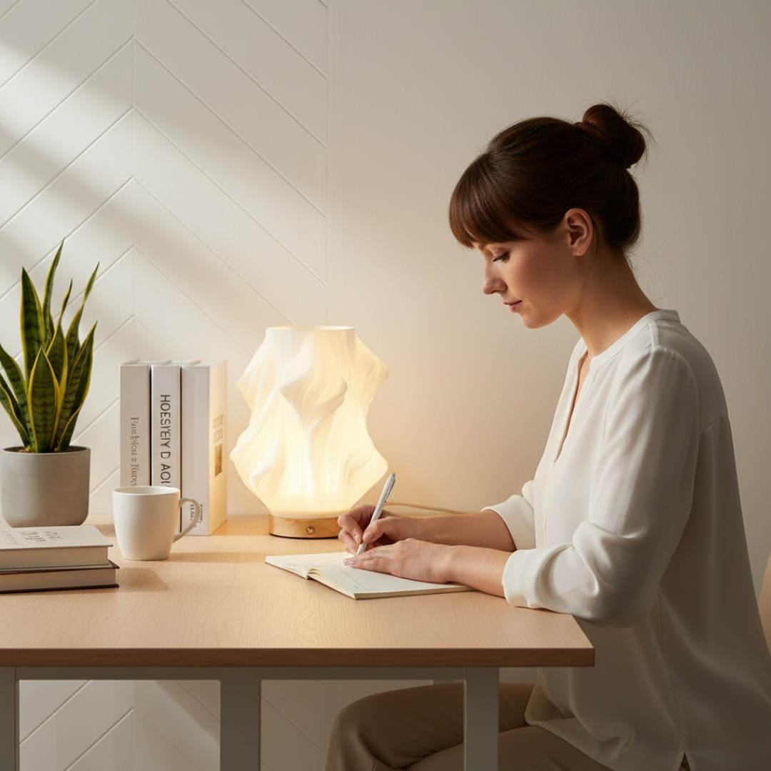 Lampa LumaTwist™ z Inicala.pl oświetla biurko kobiety – jasne, hotelowe światło poprawia nastrój i skupienie podczas pracy.