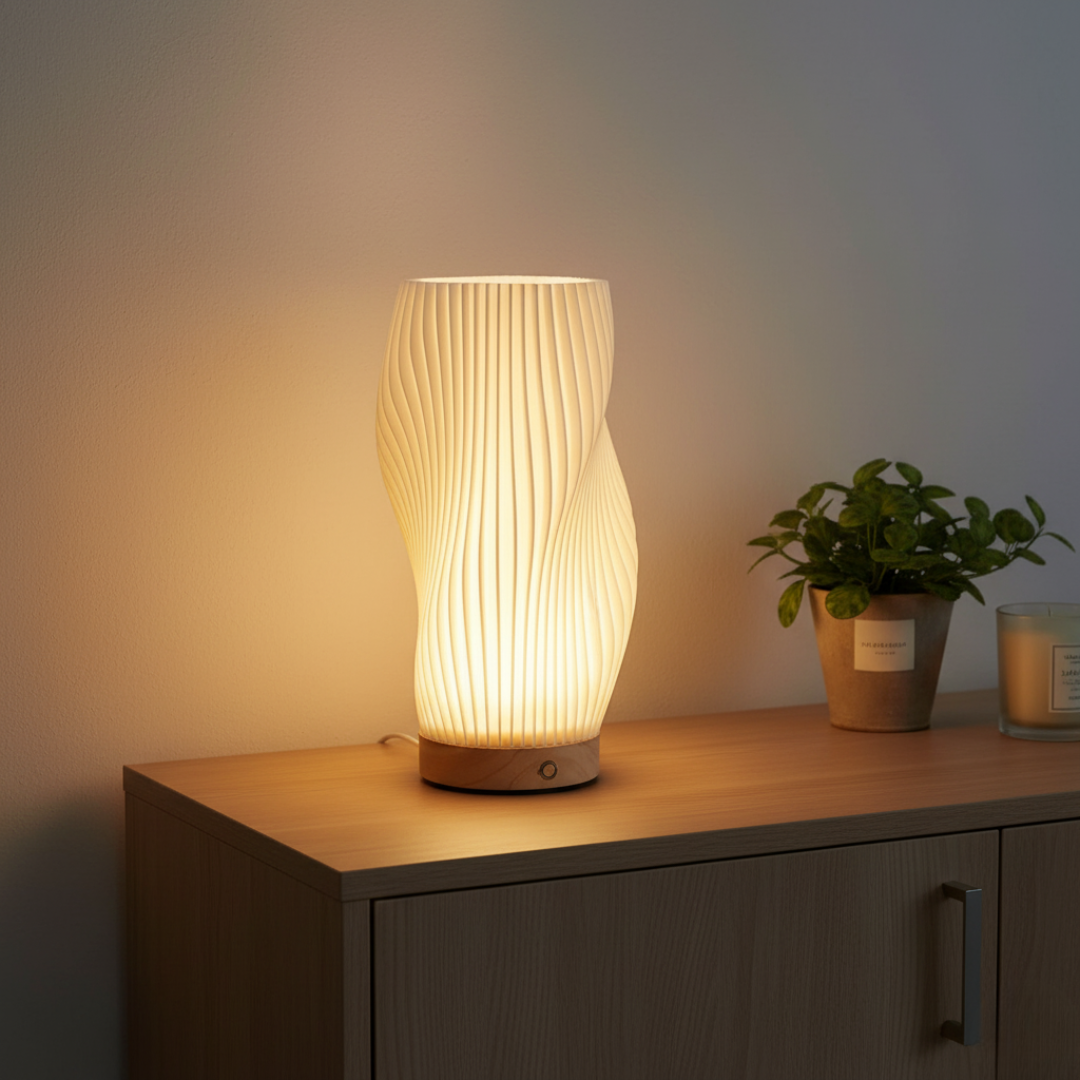 Lampa LumaTwist™ z Inicala.pl na drewnianej komodzie – subtelne światło tworzy relaksującą atmosferę w domu.