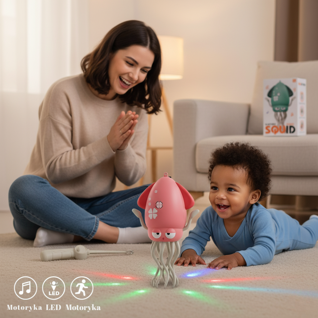 Mama klaszcze, a mały chłopiec o ciemniejszej karnacji pełza w stronę różowej OctoBeat™ ze świetlnymi efektami LED na dywanie; produkt rozwojowy z Inicala.pl
