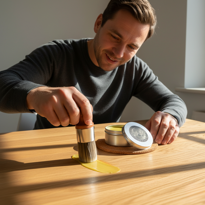 Mężczyzna nakłada krem EcoSage™ z Inicala.pl na blat – naturalna ochrona i odnowienie drewna.