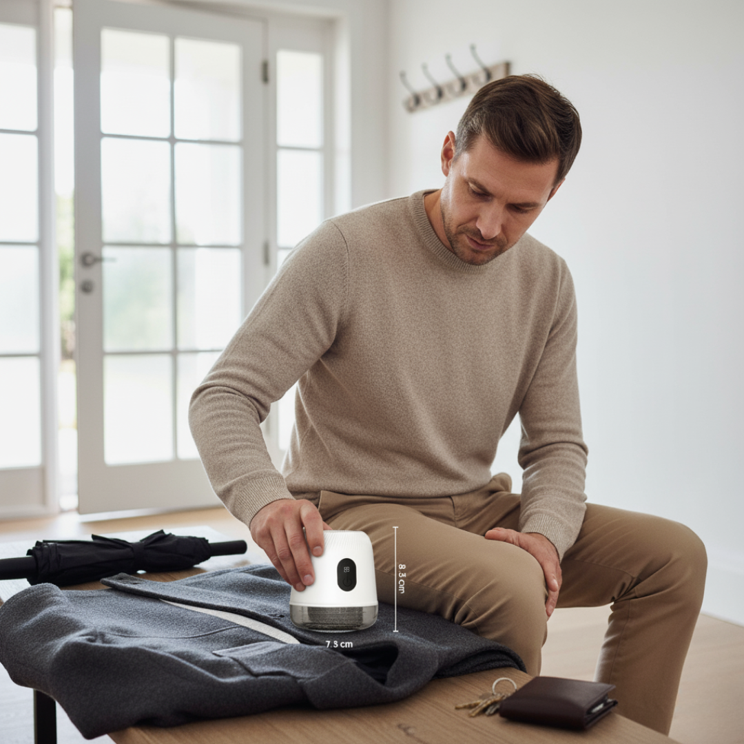 Mężczyzna prezentuje rozmiar Fuzora™ z Inicala.pl podczas czyszczenia swetra – kompaktowy i skuteczny