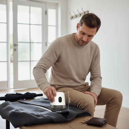 Mężczyzna prezentuje rozmiar Fuzora™ z Inicala.pl podczas czyszczenia swetra – kompaktowy i skuteczny