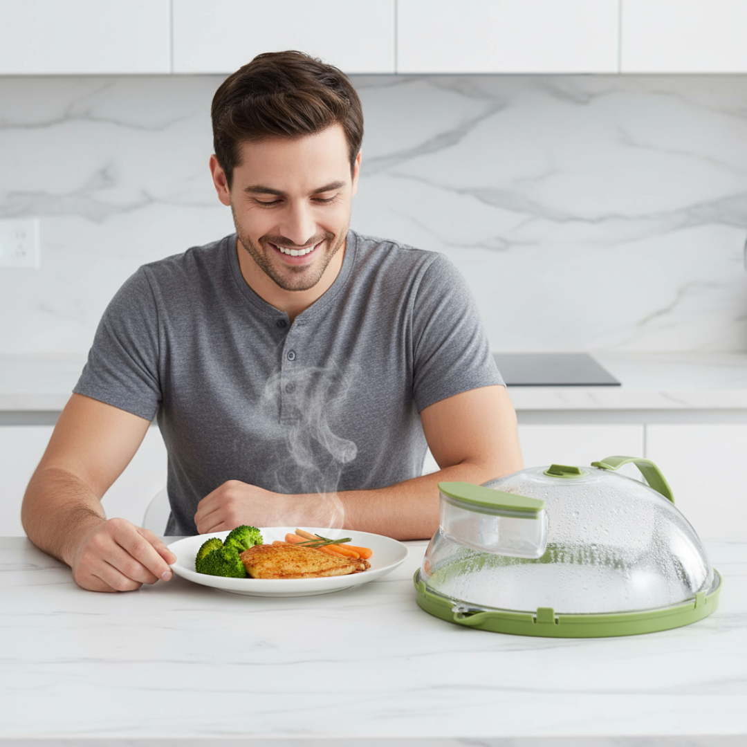 Mężczyzna cieszy się gorącym, soczystym posiłkiem dzięki Steamify™ z Inicala.pl – parowe podgrzewanie bez bałaganu w mikrofalówce