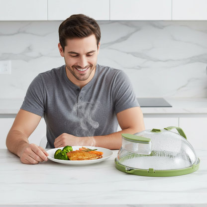 Mężczyzna cieszy się gorącym, soczystym posiłkiem dzięki Steamify™ z Inicala.pl – parowe podgrzewanie bez bałaganu w mikrofalówce