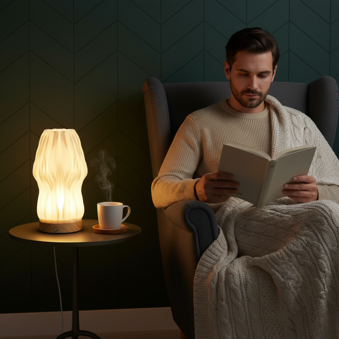 Mężczyzna relaksuje się z książką przy lampie LumaForma™ z Inicala.pl – ciepłe, rzeźbione światło tworzy przytulną atmosferę idealną do odpoczynku