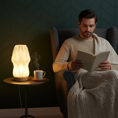 Mężczyzna relaksuje się z książką przy lampie LumaForma™ z Inicala.pl – ciepłe, rzeźbione światło tworzy przytulną atmosferę idealną do odpoczynku