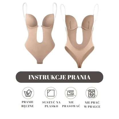 Mileena Secret™ na Inicala.pl – beżowe body przódtył. Piktogramy prania prać ręcznie, suszyć na płasko, nie prasować, nie prać w pralce. Delikatna pielęgnacja wydłuża trwałość