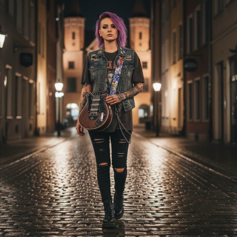 Młoda kobieta z fioletowymi włosami i tatuażami idzie wieczorną ulicą z brązową Guitarista™ – Torebka Crossbody na biodrze, Inicala.pl – gitarowa torebka dla odważnych