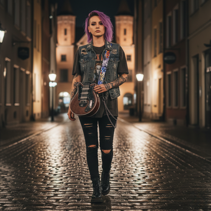 Młoda kobieta z fioletowymi włosami i tatuażami idzie wieczorną ulicą z brązową Guitarista™ – Torebka Crossbody na biodrze, Inicala.pl – gitarowa torebka dla odważnych