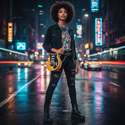 Modelka z kręconymi włosami stoi na mokrej, neonowej ulicy z żółtą torebką Guitarista™ crossbody na ramieniu; rockowy miejski look nocą, produkt z Inicala.pl