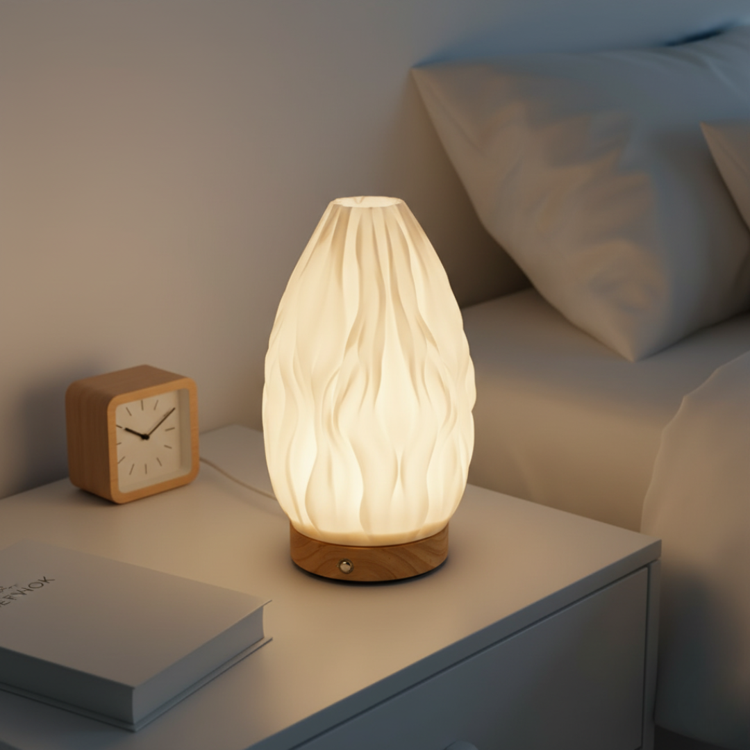 Nocna lampka Lumabloom™ z Inicala.pl przy łóżku – delikatne światło wprowadza ciepło i komfort do sypialni.