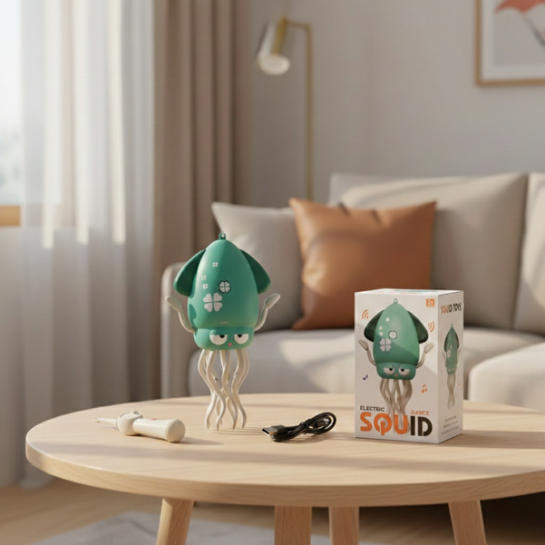 OctoBeat™ – Interaktywna Ośmiornica do Rozwoju Motorycznego z pudełkiem, wędką i kablem USB-C na stoliku w salonie; edukacyjna zabawka dla maluchów, dostępna na Inicala.pl